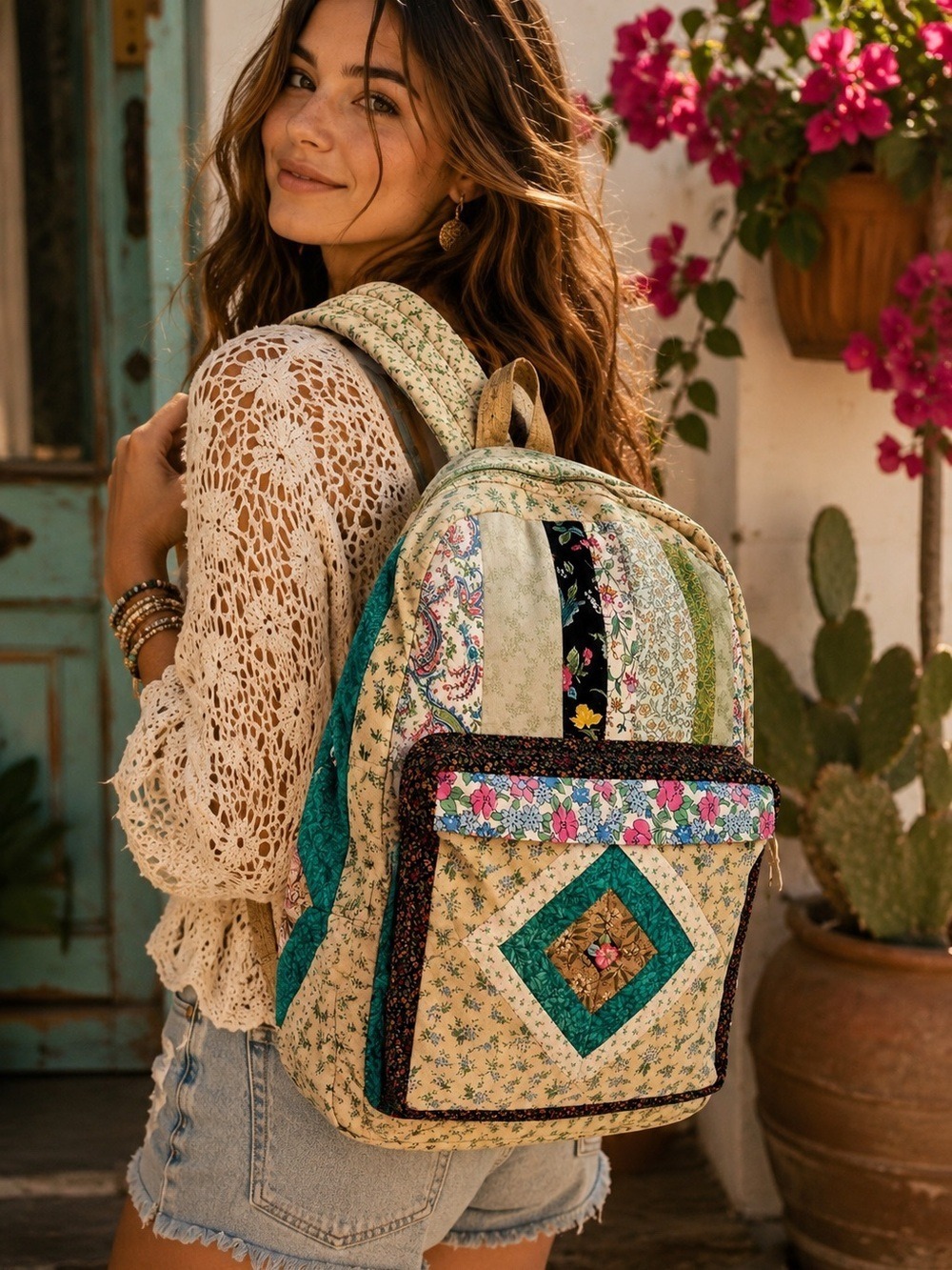 Handmade Patchwork Quilted Cotton Backpack Boho Floral Travel Bag
